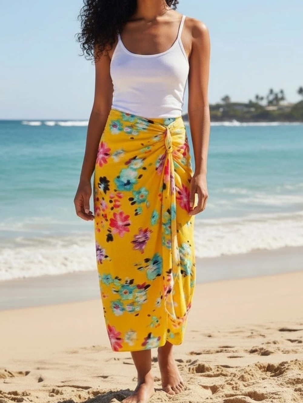 Desigual Yellow Floral Tie-Side Beach Sarong/Midi Skirt
